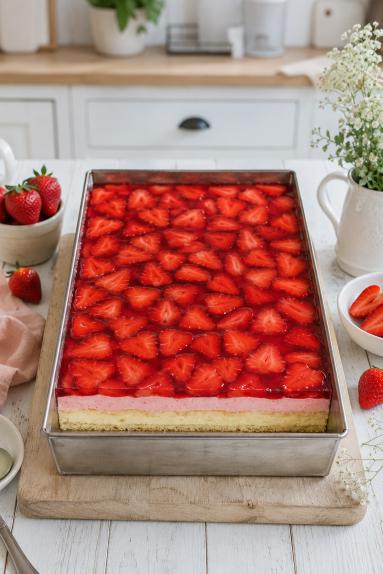 Zdjęcie - Warstwowe ciasto z truskawkami i kremem - Przepisy kulinarne ze zdjęciami