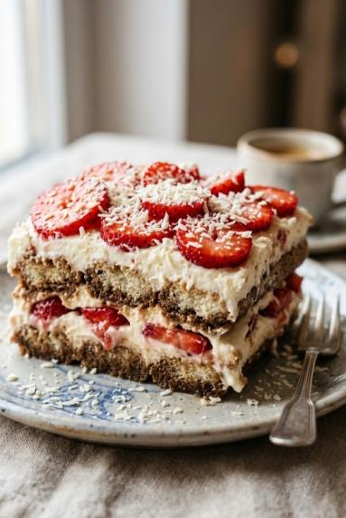 Zdjęcie - Tiramisu truskawkowe – kremowy deser z owocami ( bez jajek) - Przepisy kulinarne ze zdjęciami