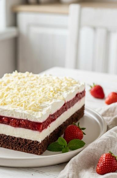 Zdjęcie - Ciasto kakaowe z kremem i truskawkową frużeliną - Przepisy kulinarne ze zdjęciami