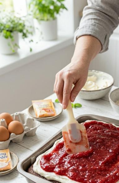 Zdjęcie - Ciasto kakaowe z kremem i truskawkową frużeliną - Przepisy kulinarne ze zdjęciami