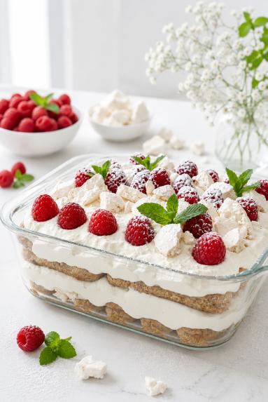 Zdjęcie - Tiramisu "Białe"z malinami - Przepisy kulinarne ze zdjęciami