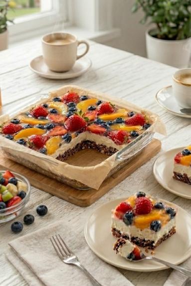 Zdjęcie - Ciasto na chrupkim spodzie z kremem i owocową galaretką/bez pieczenia - Przepisy kulinarne ze zdjęciami