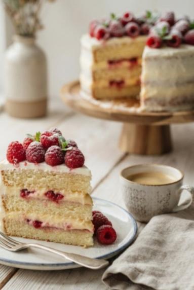 Zdjęcie - Tort biszkoptowy z kremem i malinami - Przepisy kulinarne ze zdjęciami