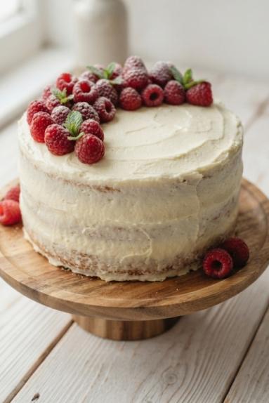 Zdjęcie - Tort biszkoptowy z kremem i malinami - Przepisy kulinarne ze zdjęciami