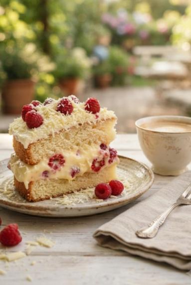 Zdjęcie - Ciasto biszkoptowe  z kremem budyniowym i malinami - Przepisy kulinarne ze zdjęciami