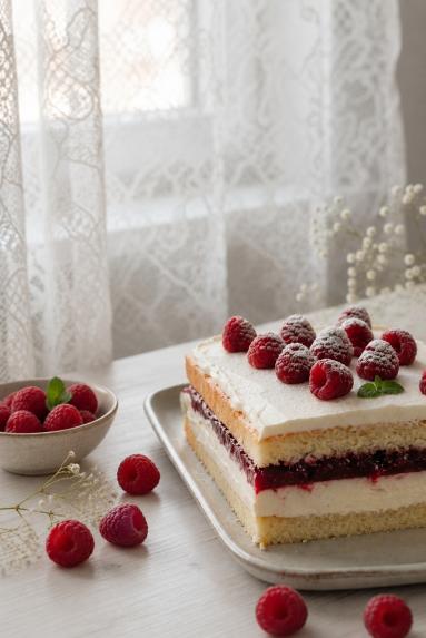 Zdjęcie - Ciasto biszkoptowe z  kremem śmietankowym i frużeliną malinową - Przepisy kulinarne ze zdjęciami