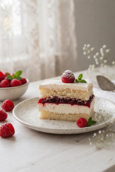 Zdjęcie - Ciasto biszkoptowe z  kremem śmietankowym i frużeliną malinową - Przepisy kulinarne ze zdjęciami