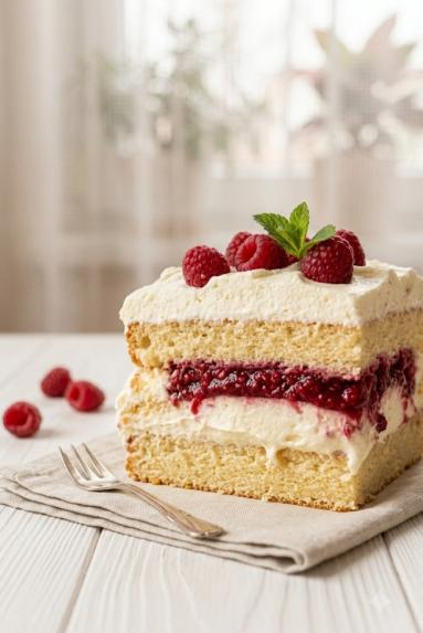 Zdjęcie - Ciasto biszkoptowe z  kremem śmietankowym i frużeliną malinową - Przepisy kulinarne ze zdjęciami