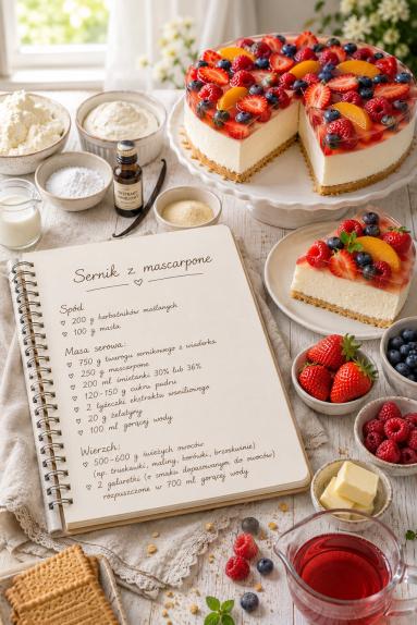 Zdjęcie - Sernik na zimno z mascarpone , owocami i galaretką - Przepisy kulinarne ze zdjęciami