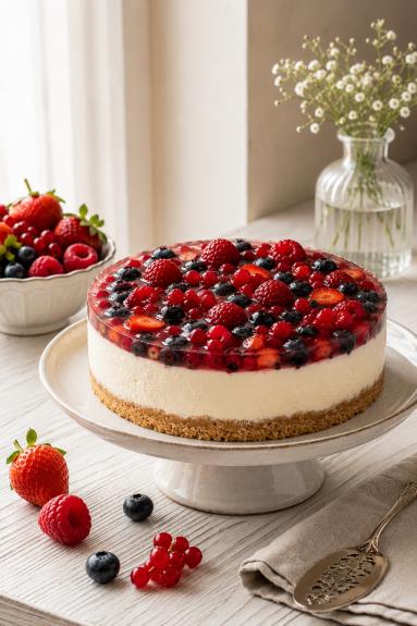 Zdjęcie - Sernik na zimno z mascarpone , owocami i galaretką - Przepisy kulinarne ze zdjęciami