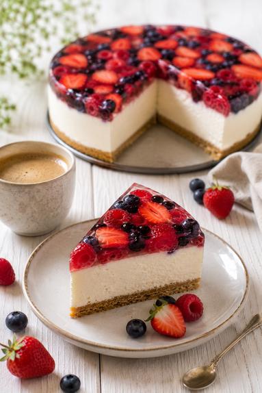 Zdjęcie - Sernik na zimno z mascarpone , owocami i galaretką - Przepisy kulinarne ze zdjęciami