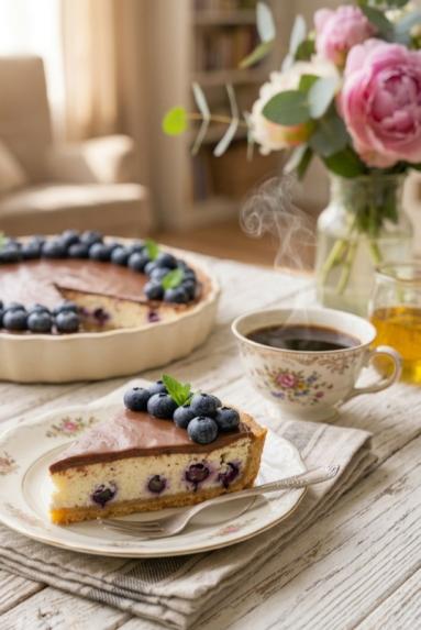 Zdjęcie - Tarta bor&oacute;wkowa z kremowym twarogowym i czekoladą - Przepisy kulinarne ze zdjęciami