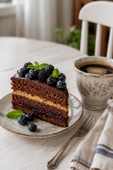 Zdjęcie: Tort bananowy z kajmakiem i powidłem Zdjęcie - Tort bananowy z kajmakiem i powidłem - Przepisy kulinarne ze zdjęciami