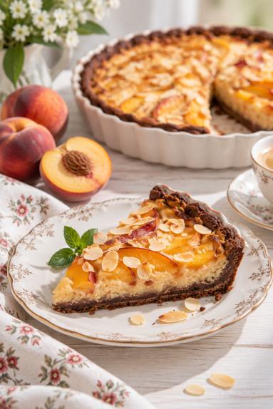 Zdjęcie - Tarta kakaowa z kremem migdałowym  i brzoskwiniami - Przepisy kulinarne ze zdjęciami