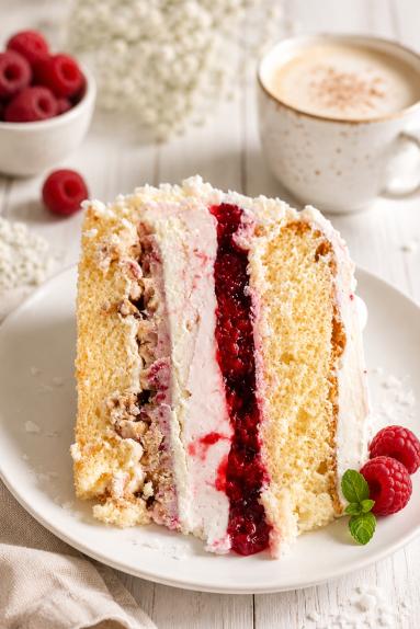 Zdjęcie: Tort biszkoptowy / śmietankowo-malinowy z chrupką Zdjęcie - Tort biszkoptowy / śmietankowo-malinowy z chrupką - Przepisy kulinarne ze zdjęciami