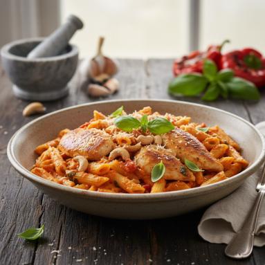 Makaron z kurczakiem i pesto paprykowym 