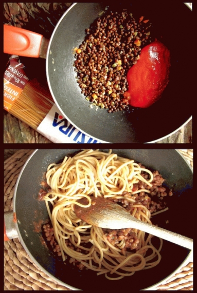 Spaghetti z sosem pomidorowym i soczewicą