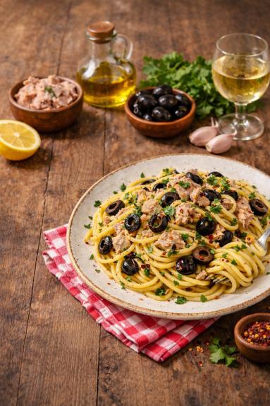 Spaghetti z tuńczykiem i oliwkami
