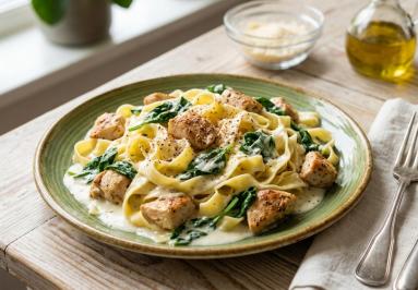 Tagliatelle z kurczakiem i szpinakiem